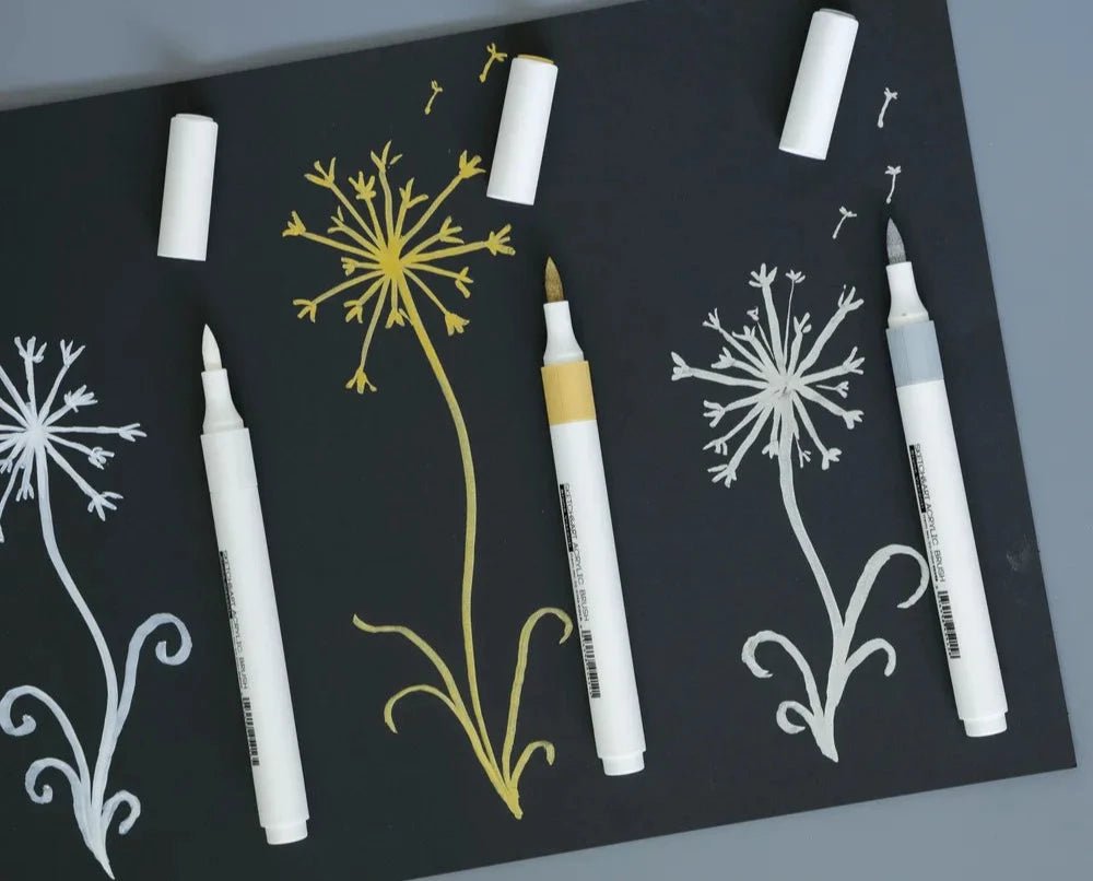 Acrylic brush markers // "Opaque markers", set of 3 colours: white, gold & silver // by Sketch&Art - Artish