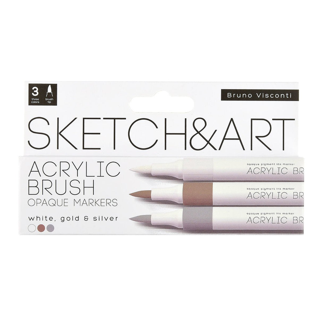 Acrylic brush markers // "Opaque markers", set of 3 colours: white, gold & silver // by Sketch&Art - Artish