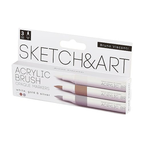 Acrylic brush markers // "Opaque markers", set of 3 colours: white, gold & silver // by Sketch&Art - Artish