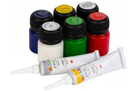 Acrylic paint set for glass & ceramics // 5 colours x 20 ml, 2 liners, 1 diluent // by Decola - Artish