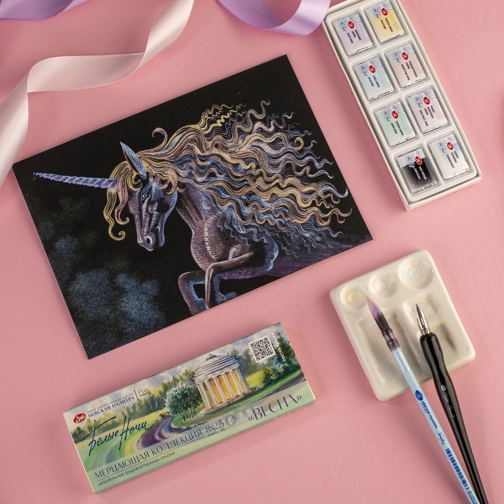 Shimmering watercolor paint set // "Spring", 8 pans in paper box // by White Nights - Artish