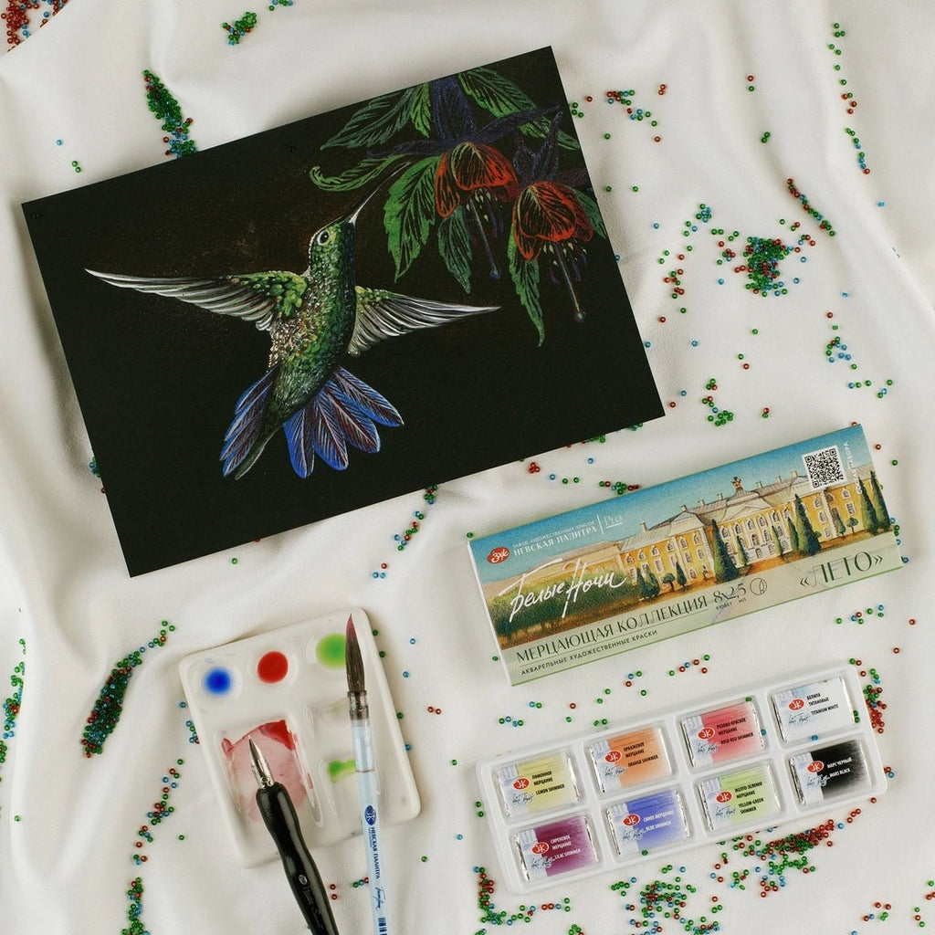 Shimmering watercolor paint set // "Summer", 8 pans in paper box // by White Nights - Artish