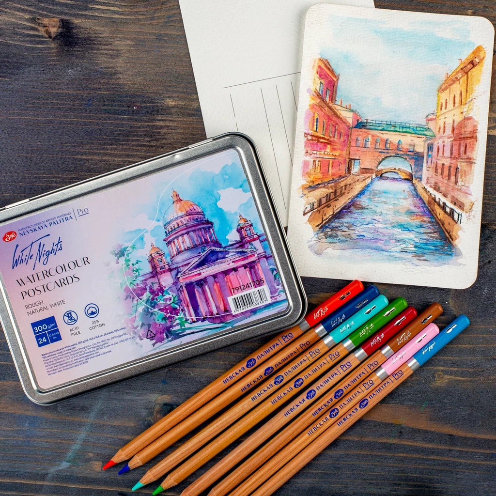 Watercolor postcards in metal box // 300 g/m2, 25% cotton // 10,5x14,8 cm, 24 sheets // by White nights - Artish