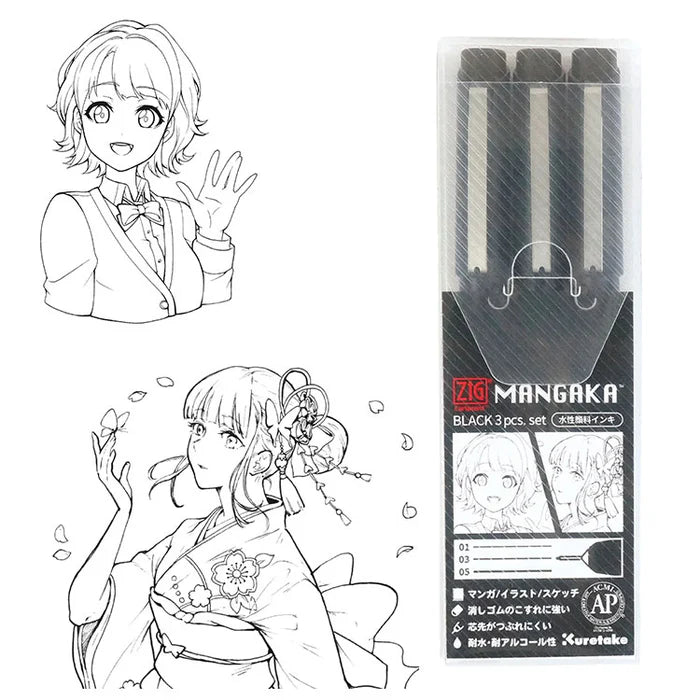 Zig Cartoonist MANGAKA Liner Set // Black, 3 pcs // by Kuretake - Artish