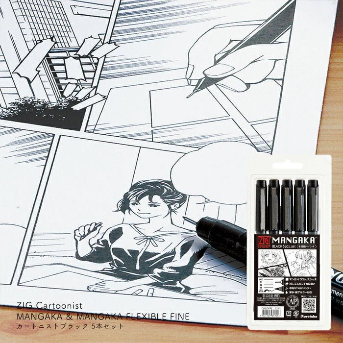 Zig Cartoonist MANGAKA Liner Set // Black, 5 pcs // by Kuretake - Artish