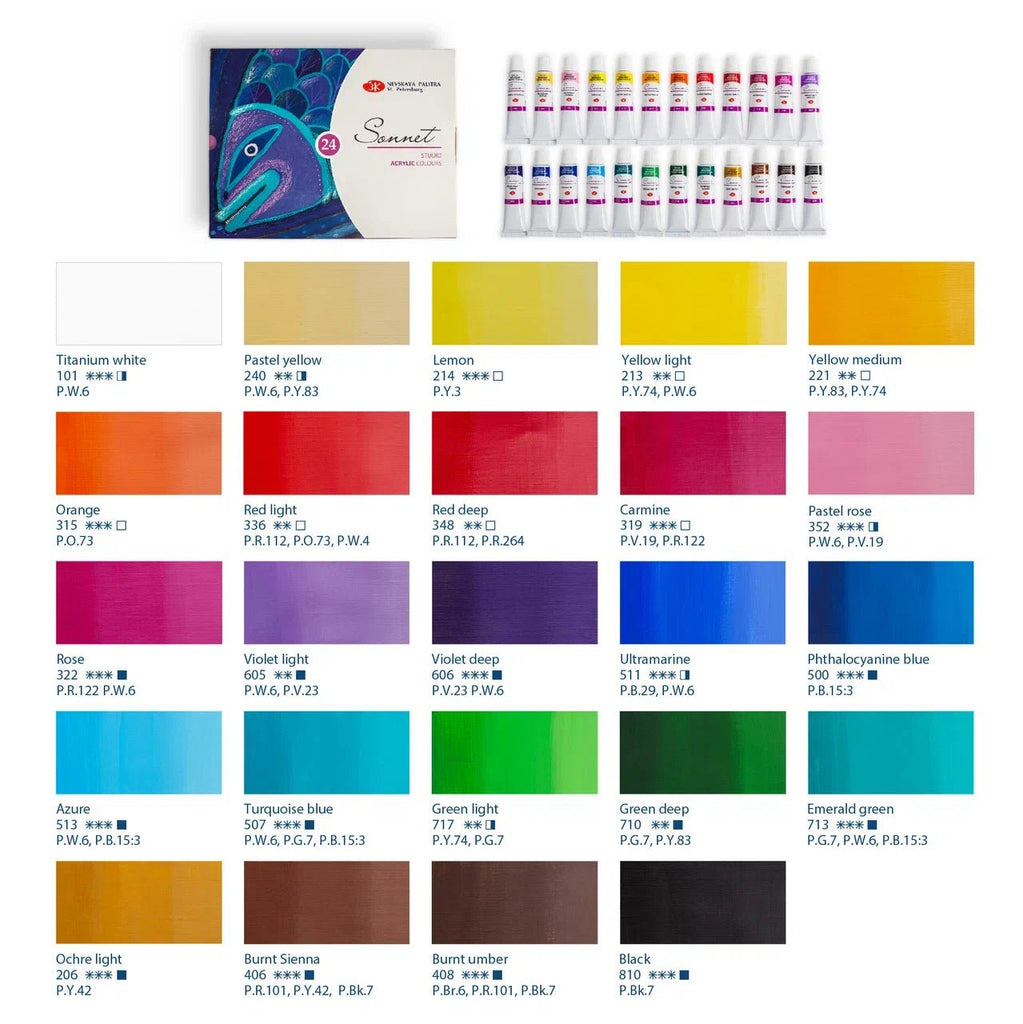 Acrylic paint set // 24 colors in 10 ml tubes // by Sonnet - Artish
