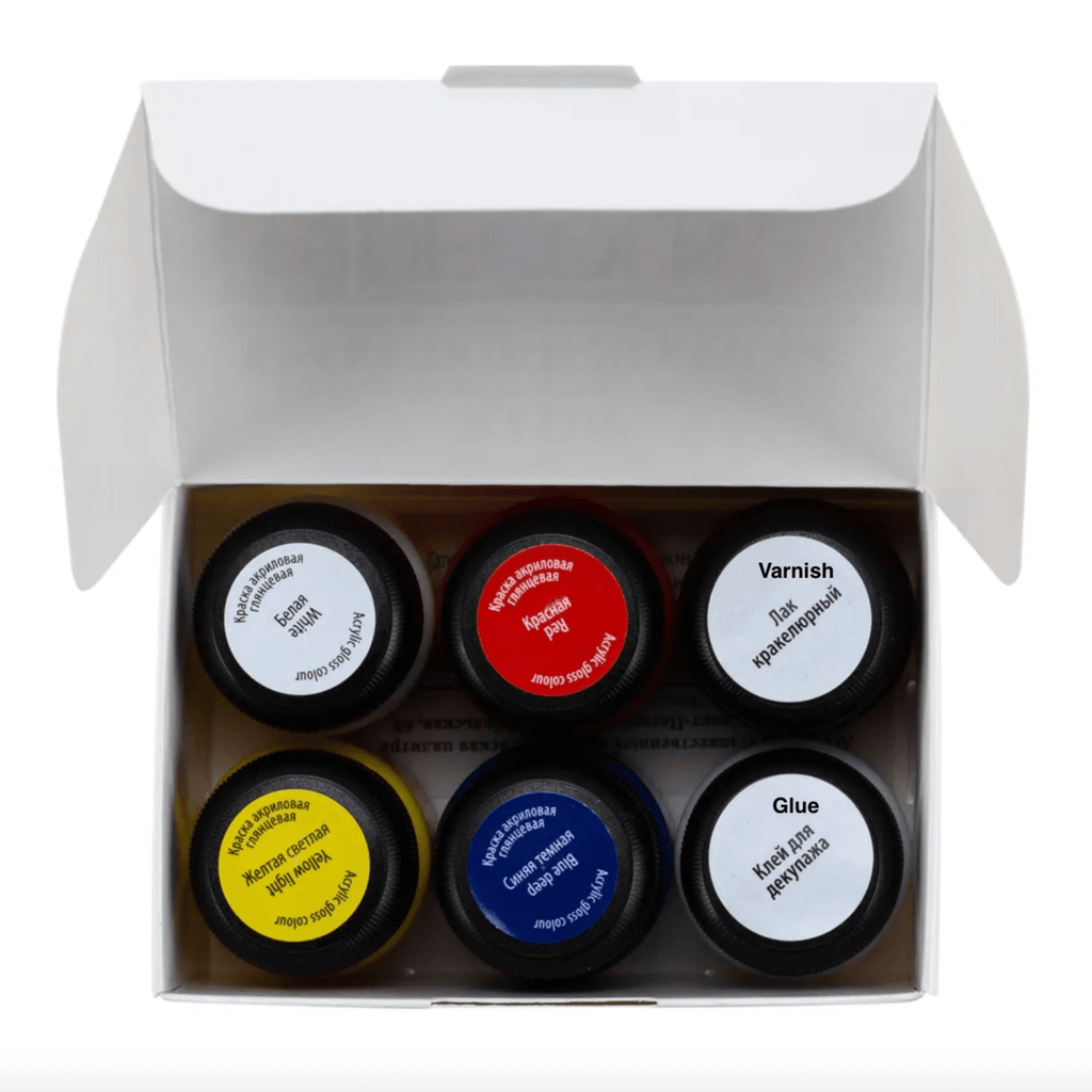 Acrylic paint set for decoration // Сracking and decoupage // 4 colours x 20 ml + varnish & glue // by Decola - Artish