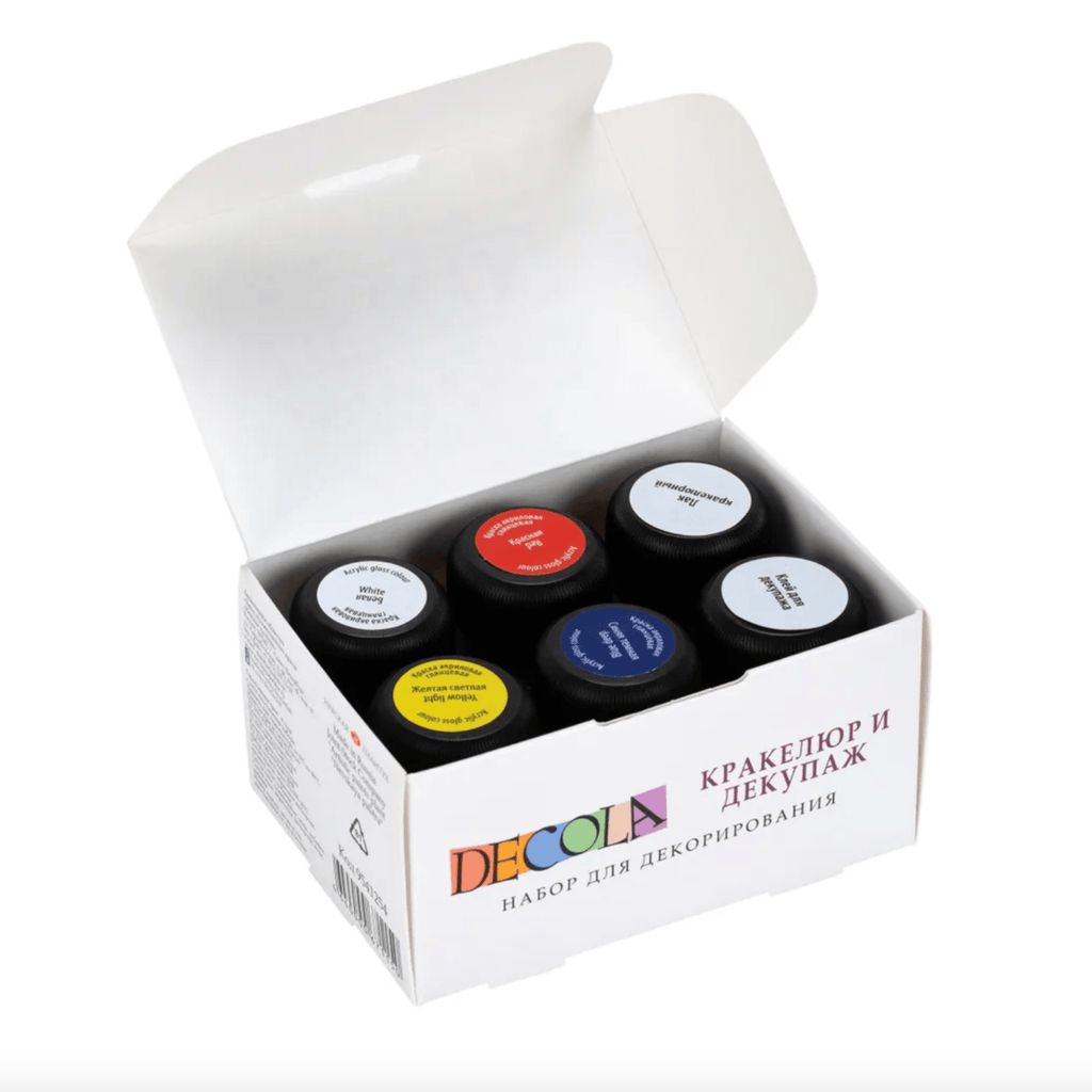 Acrylic paint set for decoration // Сracking and decoupage // 4 colours x 20 ml + varnish & glue // by Decola - Artish