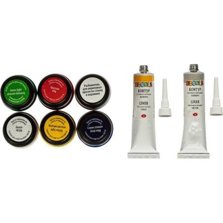 Acrylic paint set for glass & ceramics // 5 colours x 20 ml, 2 liners, 1 diluent // by Decola - Artish