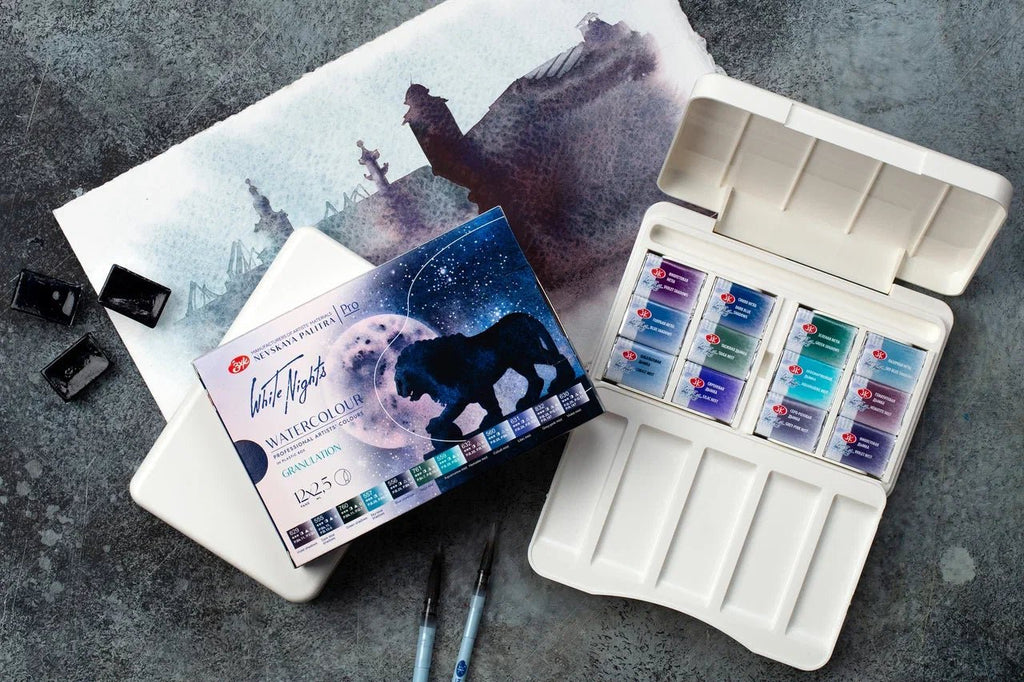 Granulating watercolor set // 12 pans in plastic box // by White Nights - Artish