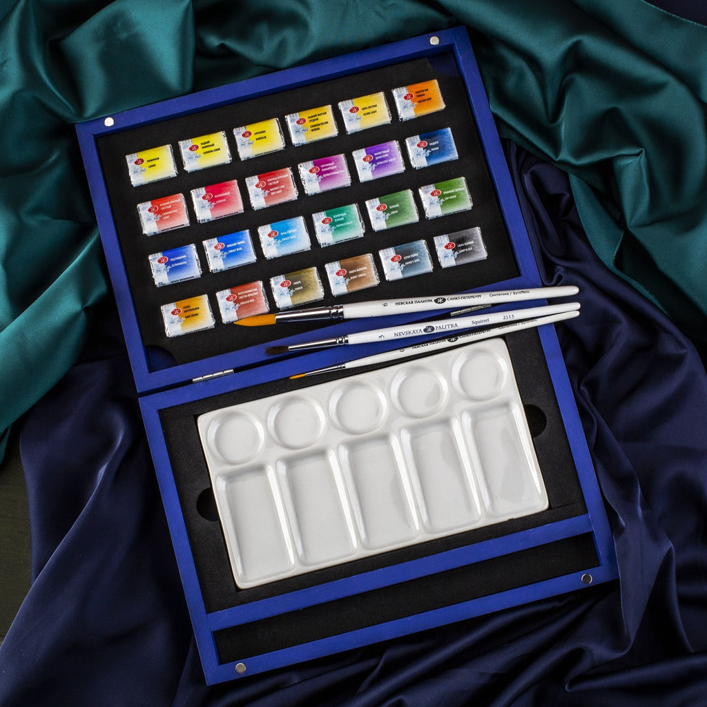 Watercolor paint gift in wooden box // 24 pans, porcelain palette, 3 brushes // by White Nights - Artish