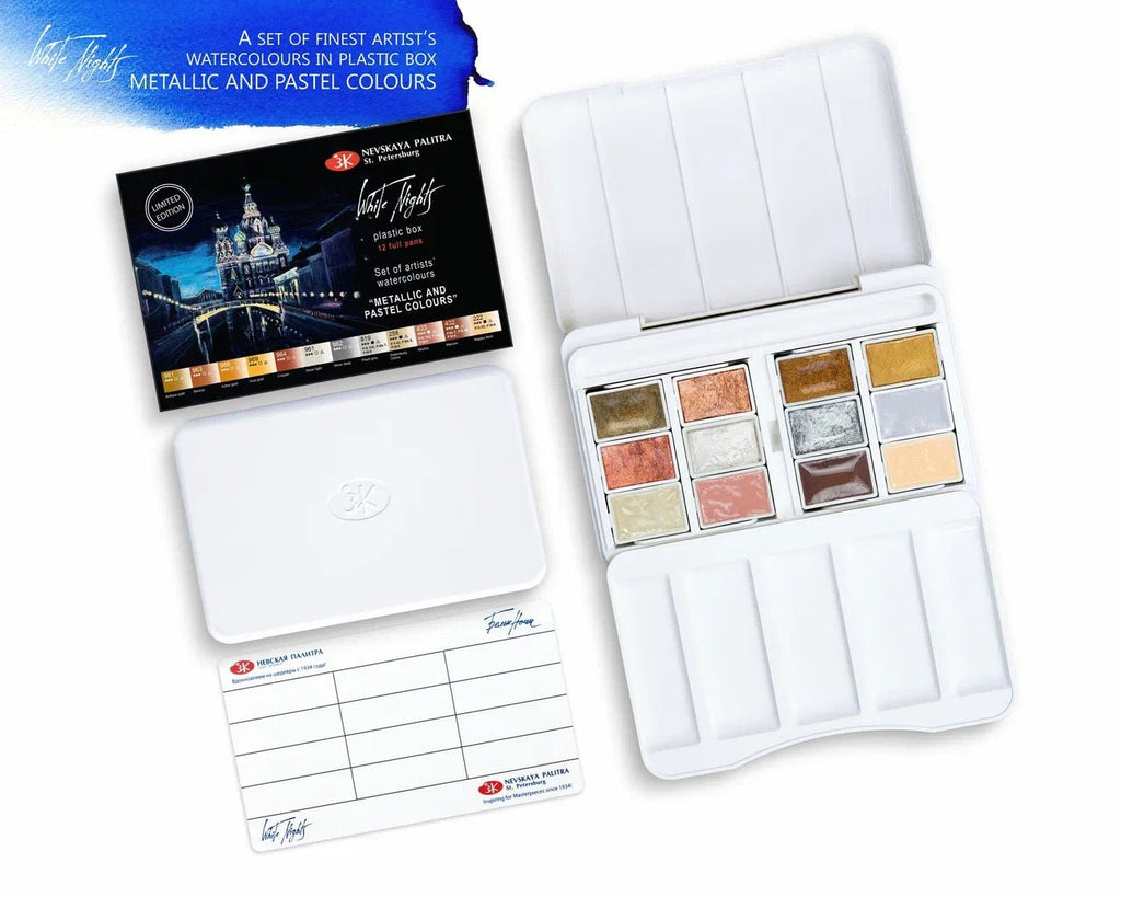 Watercolor paint set "Metallic & Pastel Colours" // 12 pans in plastic box // by White Nights - Artish