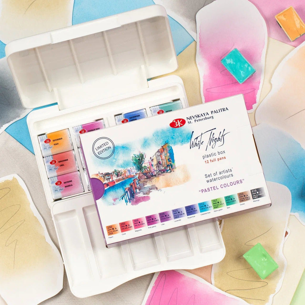 Watercolor paint set "Pastel Colours" // 12 pans in plastic box // by White Nights - Artish